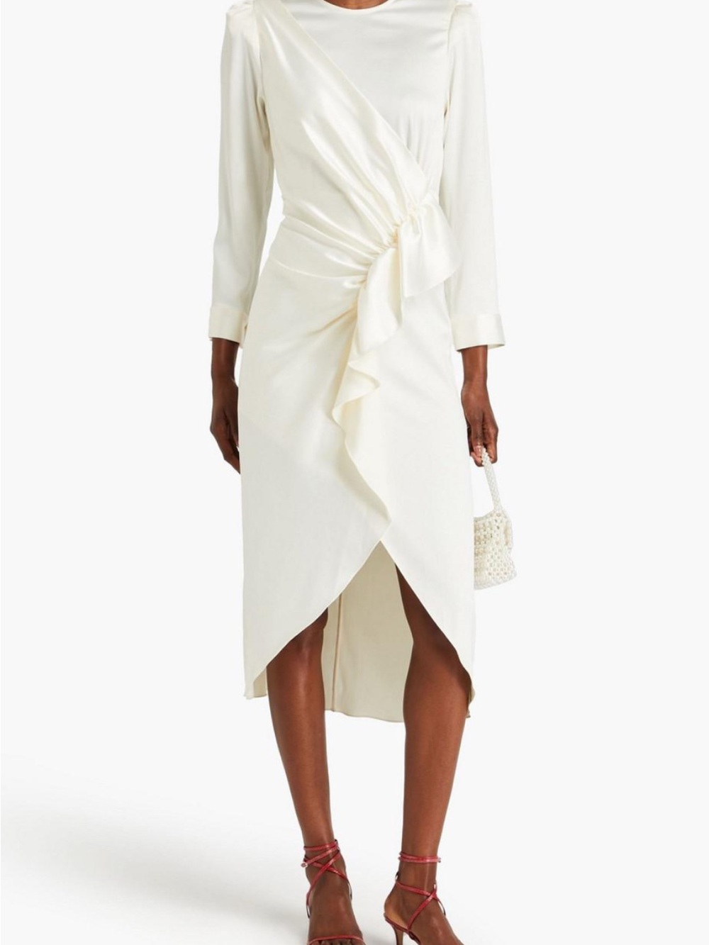 Sandro Cream Ruffle-Detail Long Sleeve Midi Dress